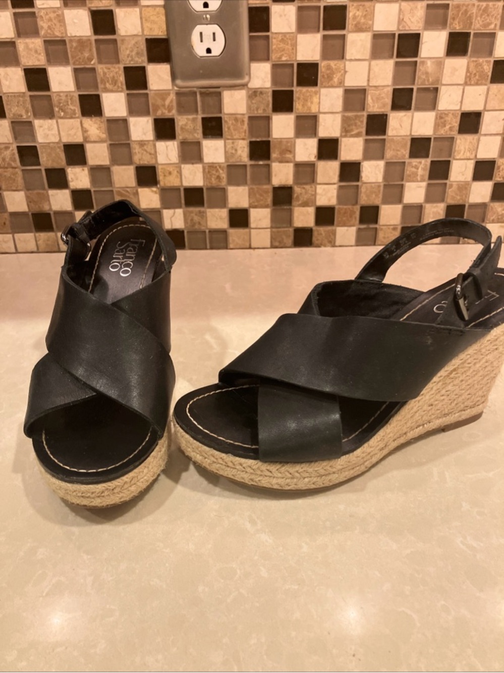 Franco Sarto Espadrille woman Sz 7M leather straps w/ 3.5in. wedge rope heals